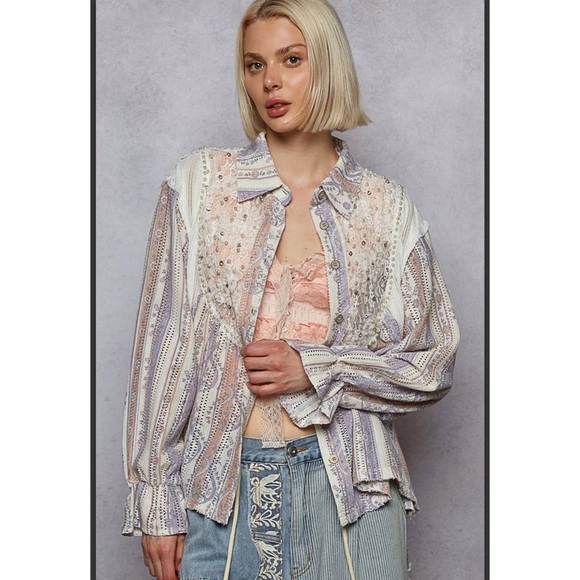 POL Tops - POL. 💜 Paisley Lace Button-Up Shirt with Embellishments